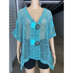 KAKTUS XL Blue Crochet Knit Sequined Button Up Boho Cover Up Top